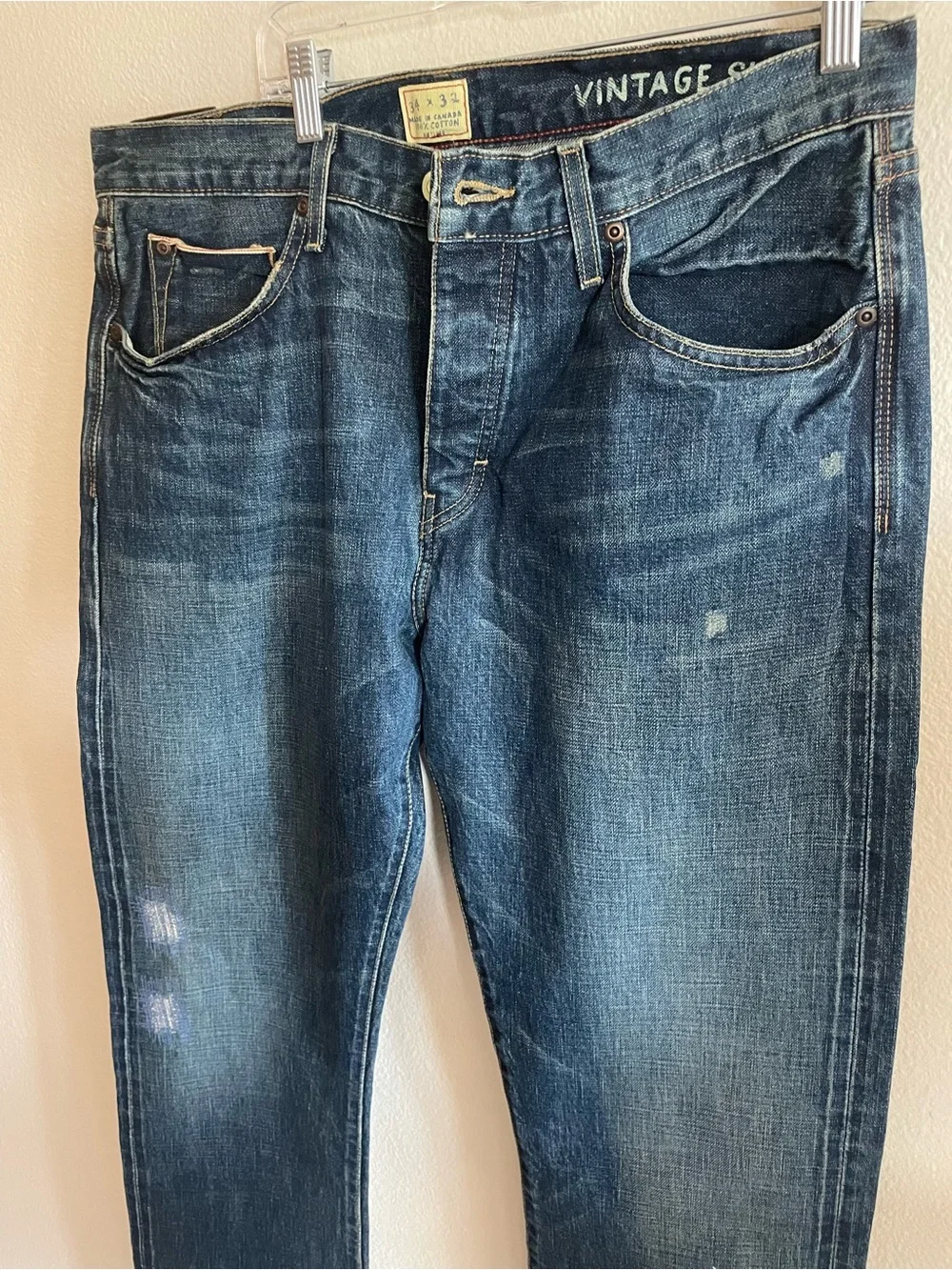 J. Crew Vintage Slim Fit button fly dark blue denim Jeans distressed vintage